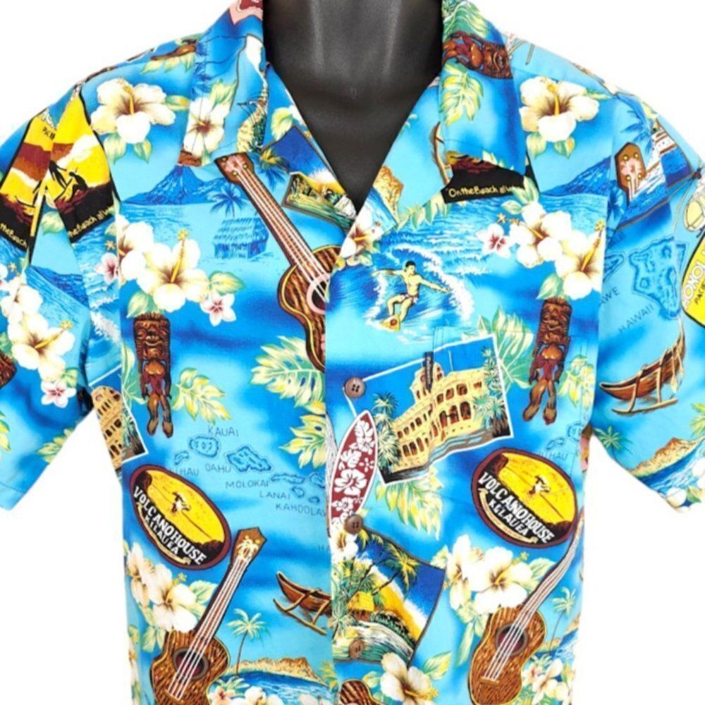 Palmwave Hawaiian Shirt Mens Size Medium All Over Print Ukulele Outrigger Floral
